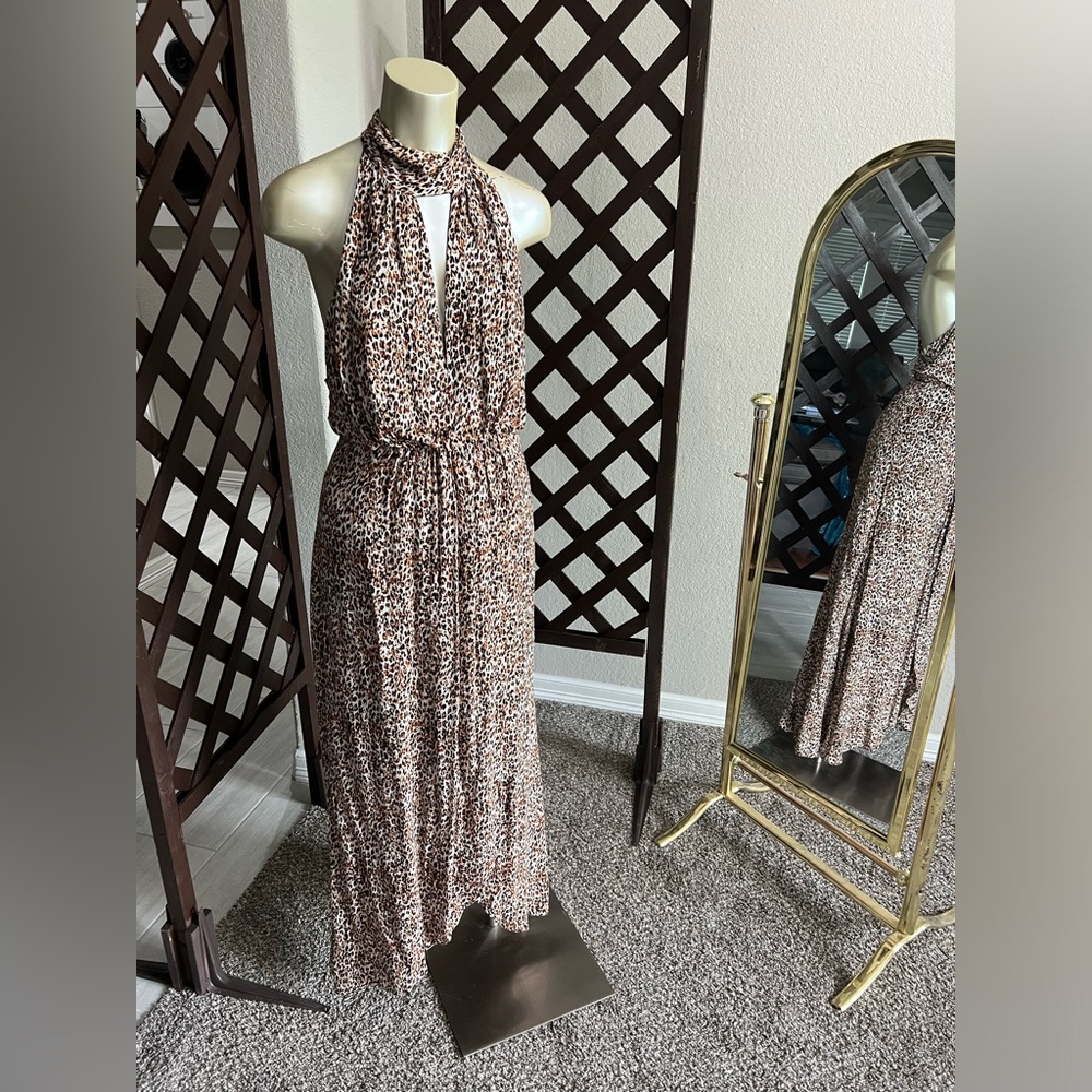 $350 Free People Cheetah Pride Maxi Dress Flutter Skirt Plunging Neck